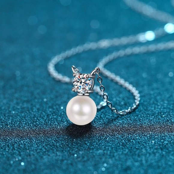 Certified 1/2ct. t.w. Diamond Moissanite Fresh Water Pearl Necklace NEW - Picture 4 of 8